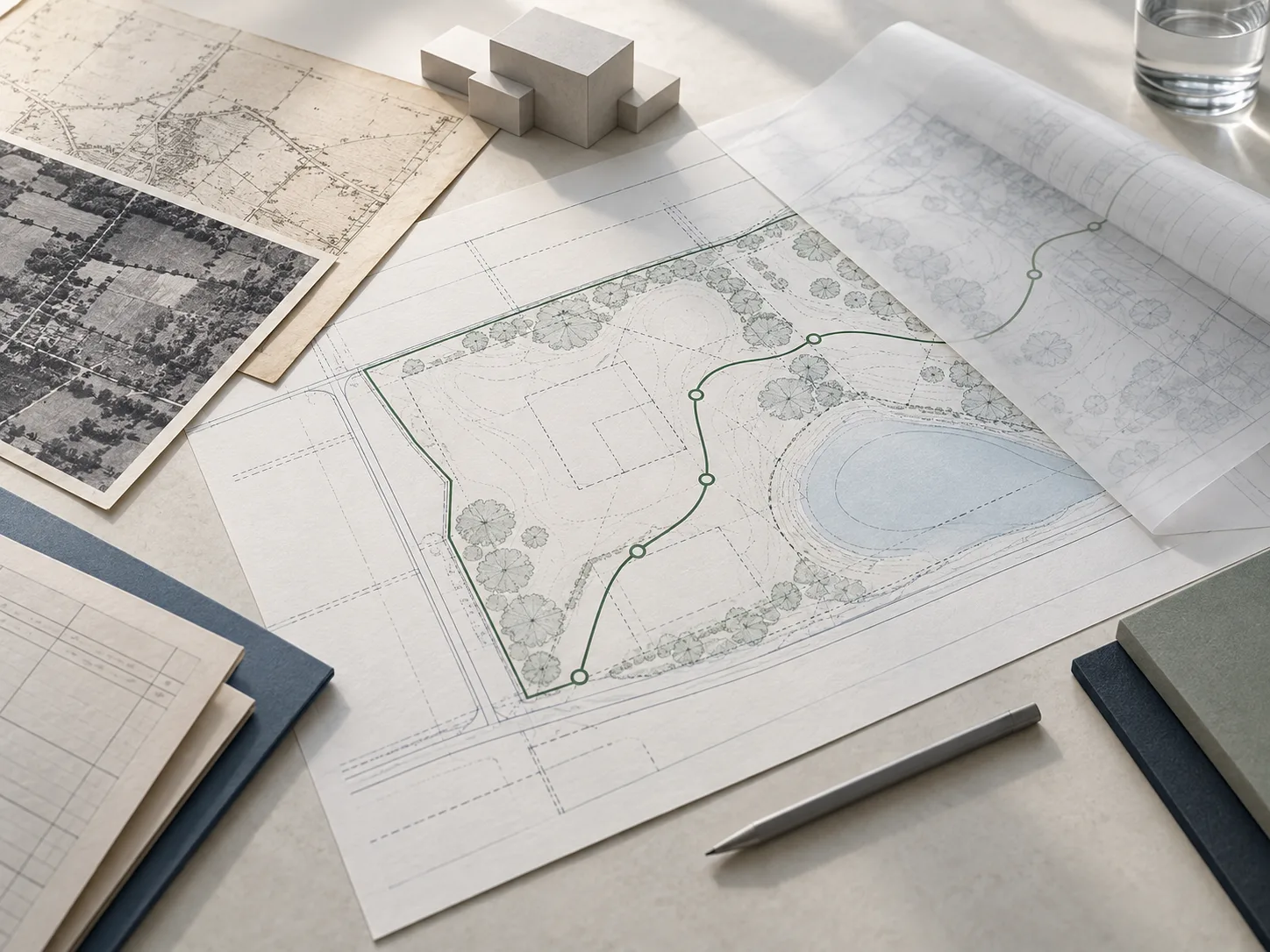 Architectural site plan, historical records, and review layers arranged for property due diligence